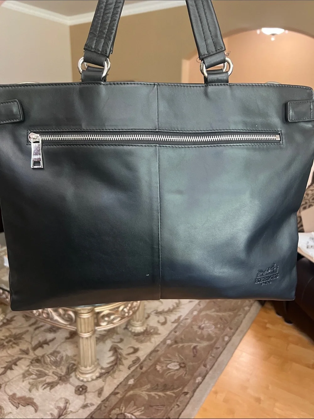 Hermes Black Leather computer bag  with Front Zip